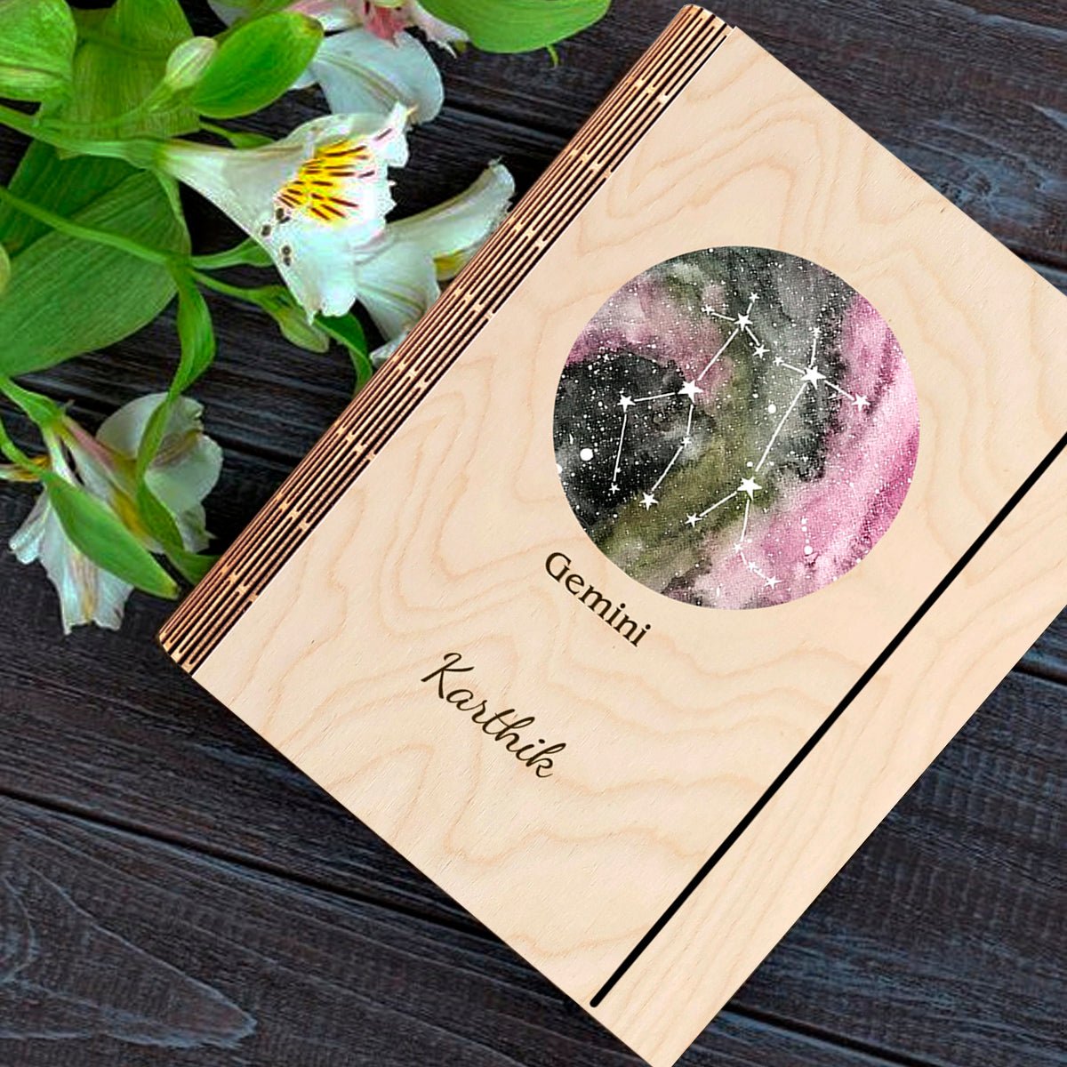 Gemini Zodiac Wooden Diary – Personalized Birthday Cover - Sblossom
