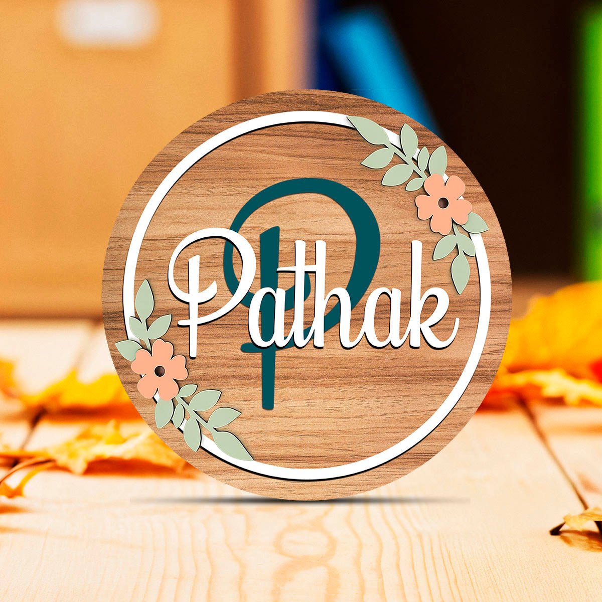 Gold Wooden Name Plate – Monogram Circle in 3D - Sblossom
