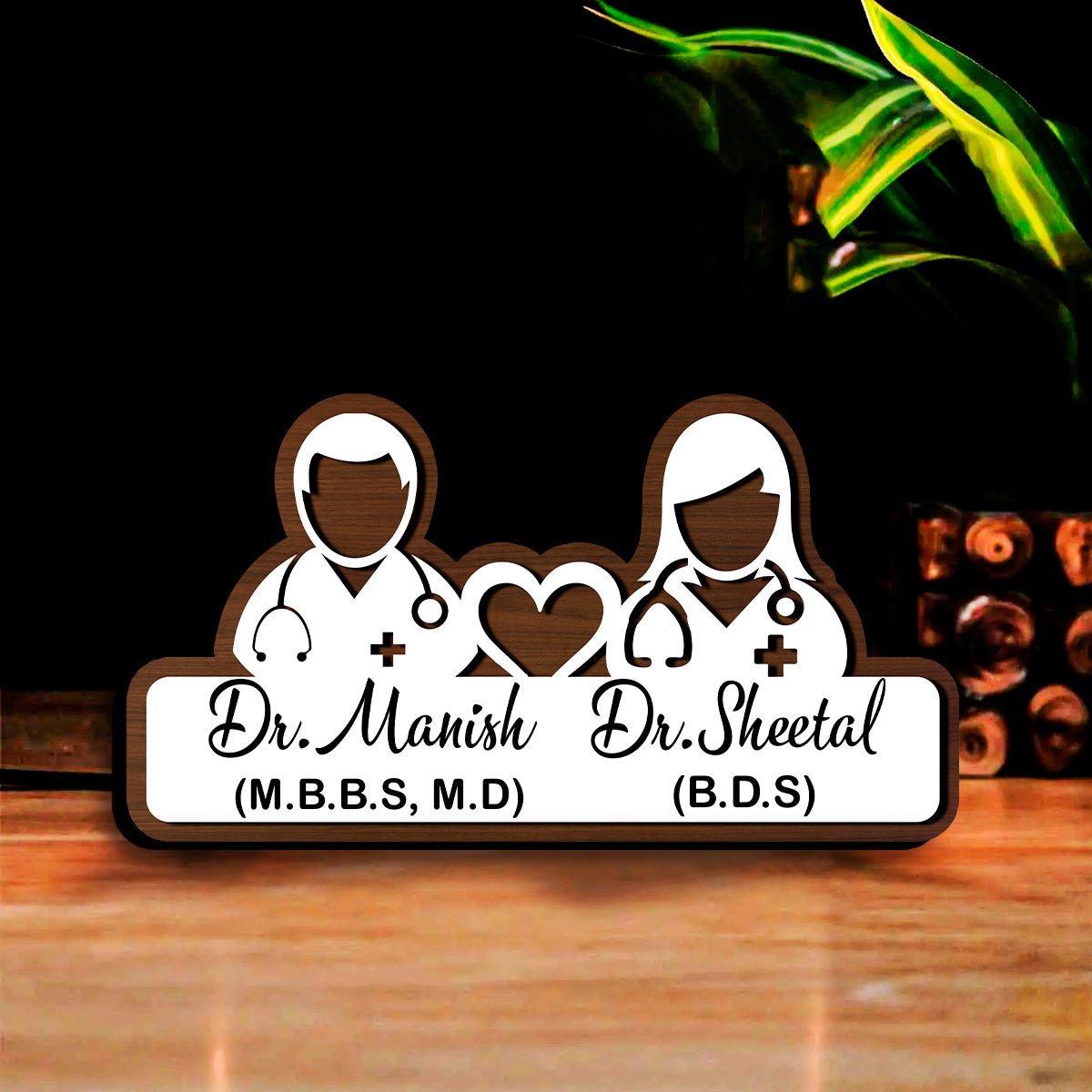 Handmade Wooden Name Plate – Doctor Couple in 3D - Sblossom