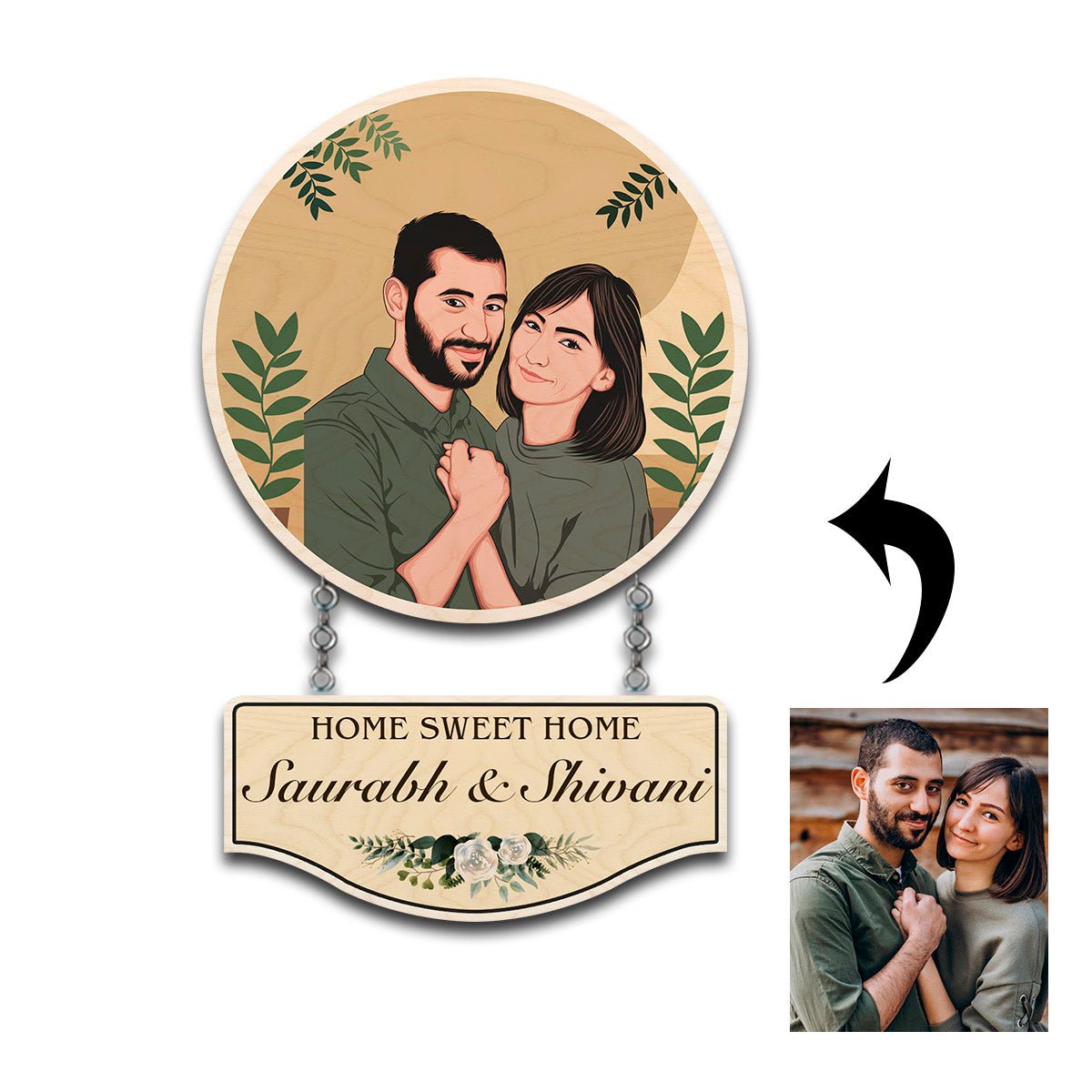 Hanging Wooden Name Plate – Caricature Couple Round - Sblossom