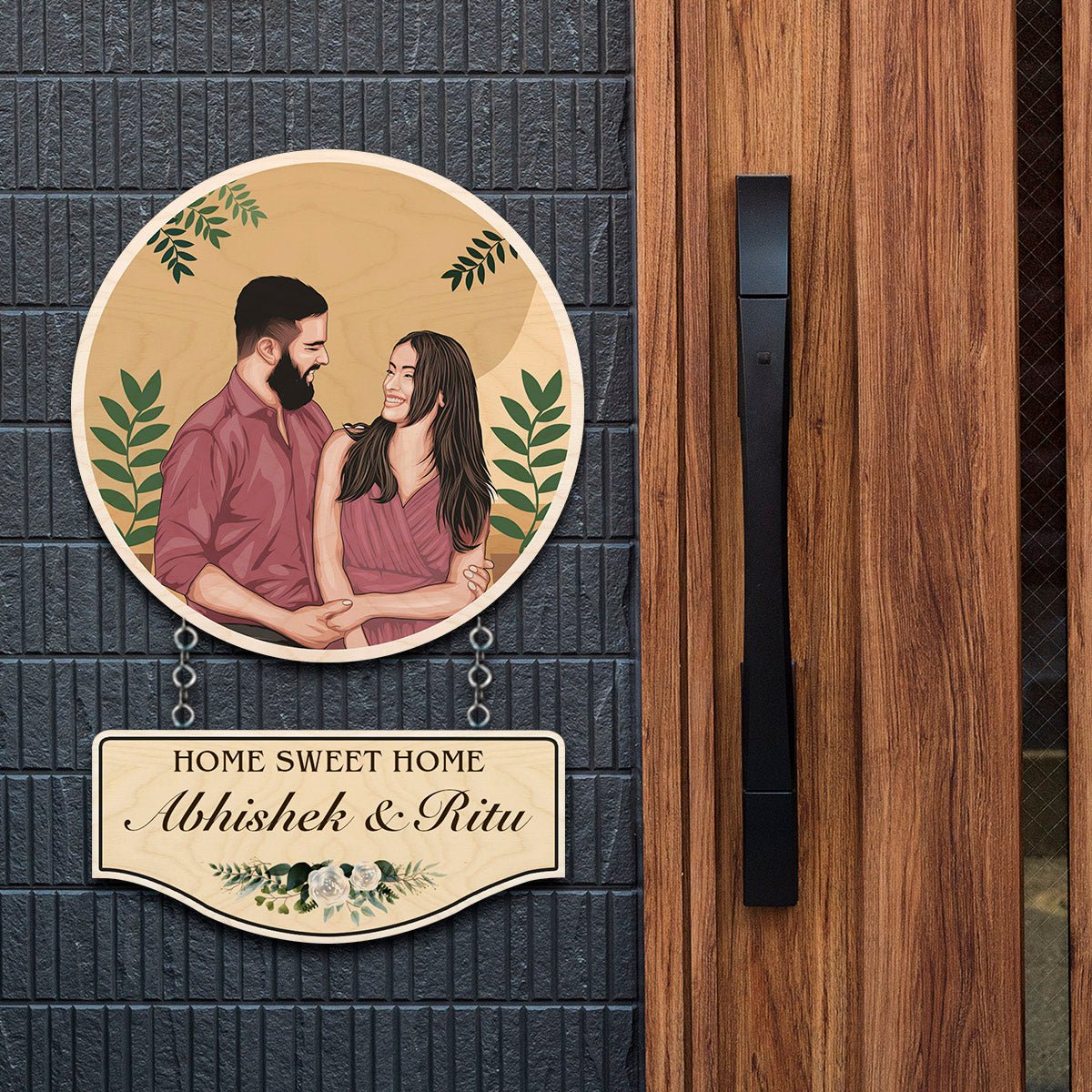 Hanging Wooden Name Plate – Caricature Couple Round - Sblossom