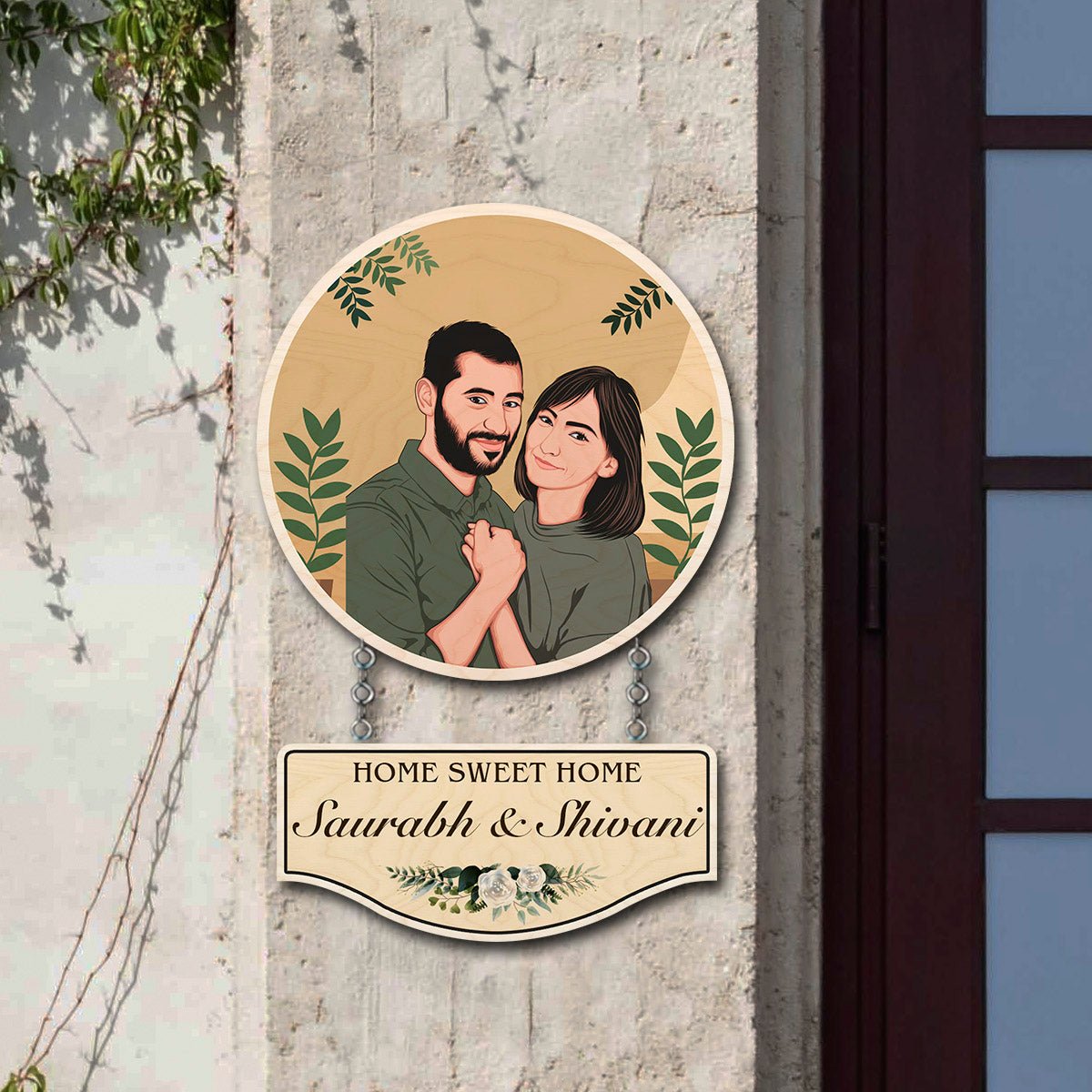 Hanging Wooden Name Plate – Caricature Couple Round - Sblossom