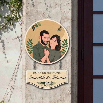 Hanging Wooden Name Plate – Caricature Couple Round - Sblossom