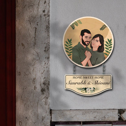 Hanging Wooden Name Plate – Caricature Couple Round - Sblossom