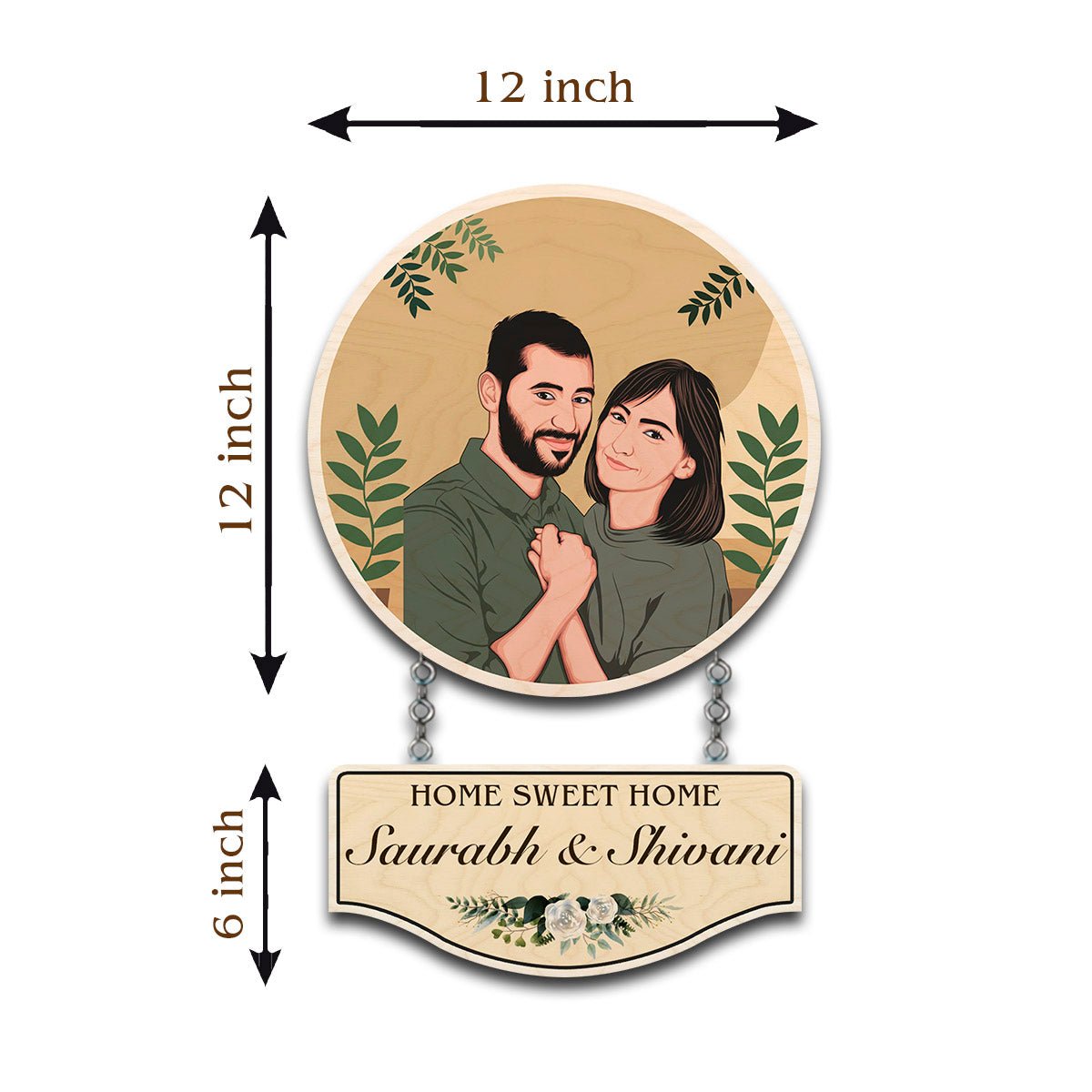 Hanging Wooden Name Plate – Caricature Couple Round - Sblossom