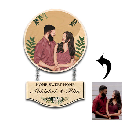Hanging Wooden Name Plate – Caricature Couple Round - Sblossom