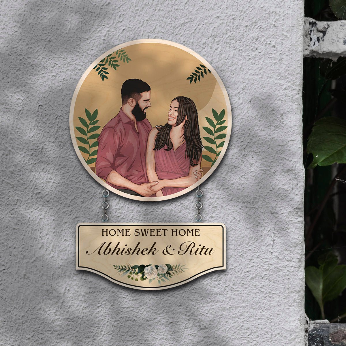 Hanging Wooden Name Plate – Caricature Couple Round - Sblossom