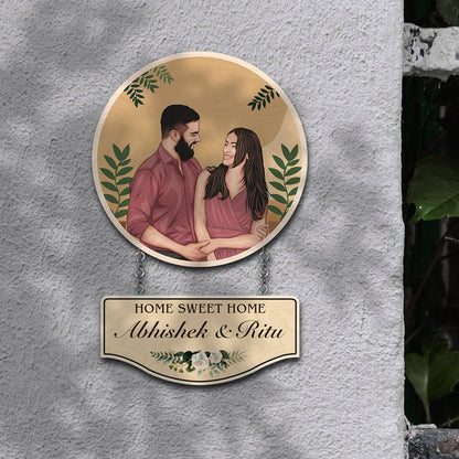 Hanging Wooden Name Plate – Caricature Couple Round - Sblossom