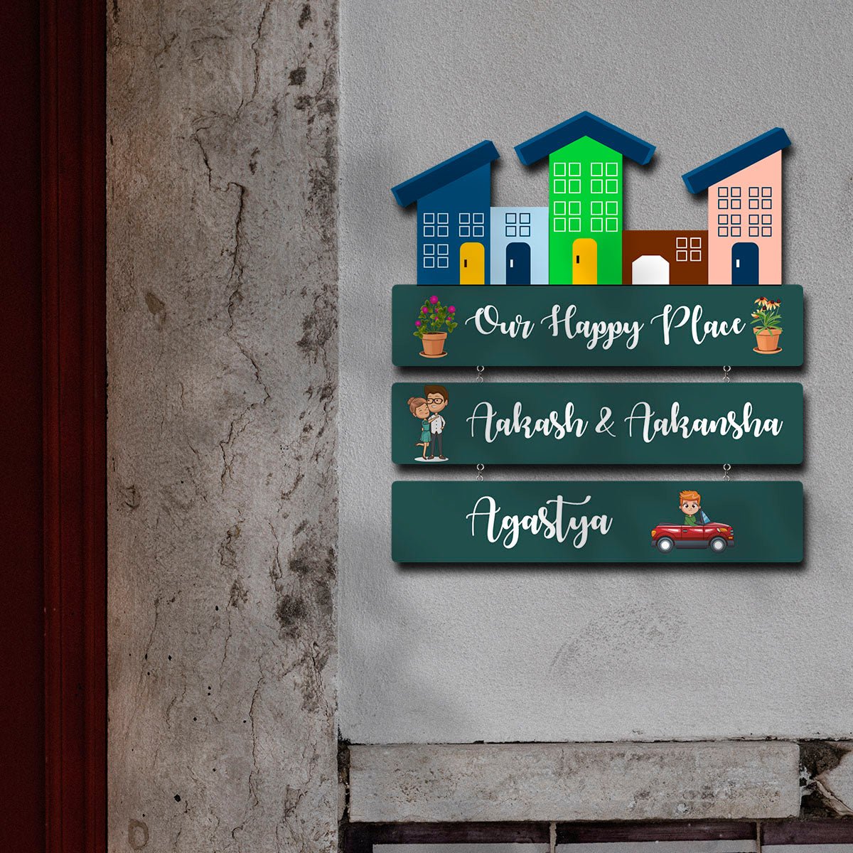Happy Place Couple Name Plate – Rustic Board Sign - Sblossom