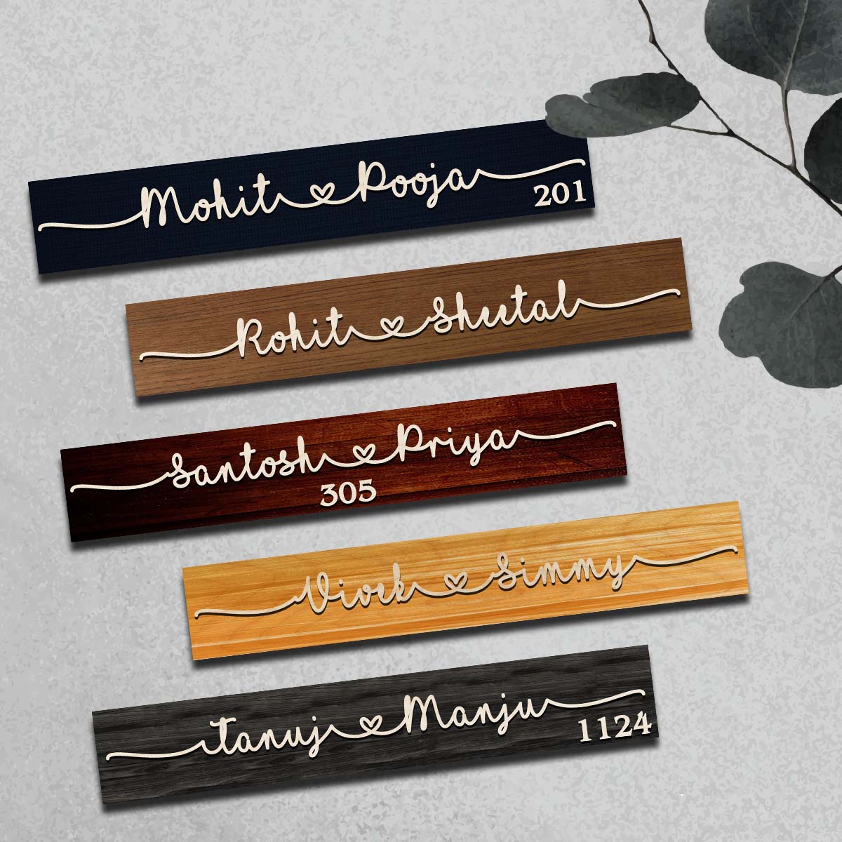 Home Name Plate Design 3D – Slim Wooden Couple Strip - Sblossom