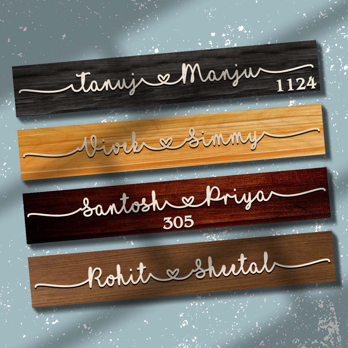 Home Name Plate Design 3D – Slim Wooden Couple Strip - Sblossom