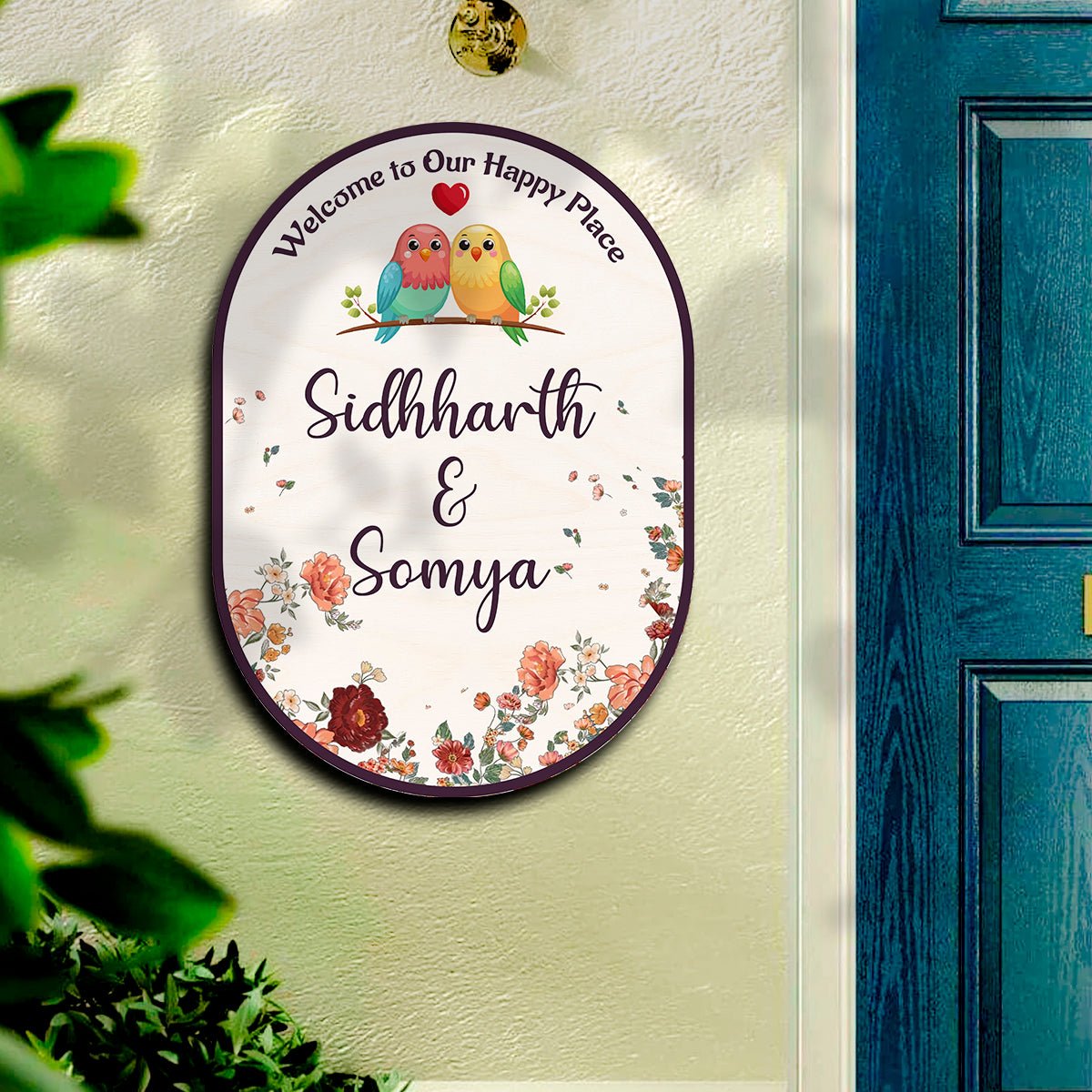 Home Name Plate Design – Oval Lovebird Couple Roses - Sblossom
