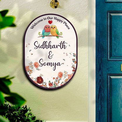 Home Name Plate Design – Oval Lovebird Couple Roses - Sblossom