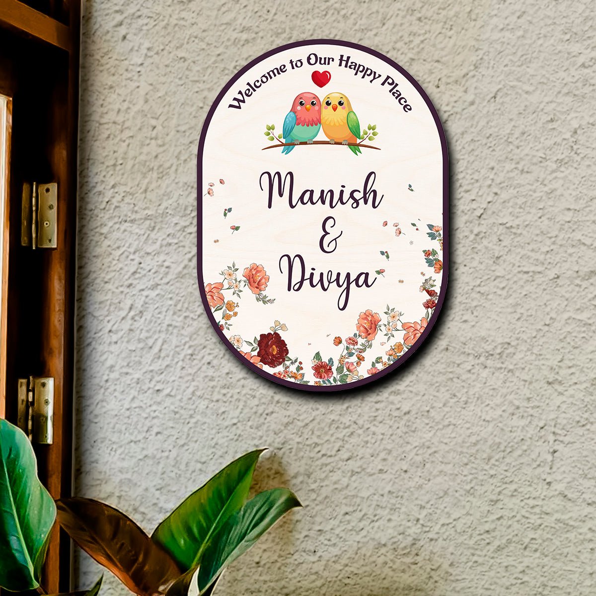 Home Name Plate Design – Oval Lovebird Couple Roses - Sblossom