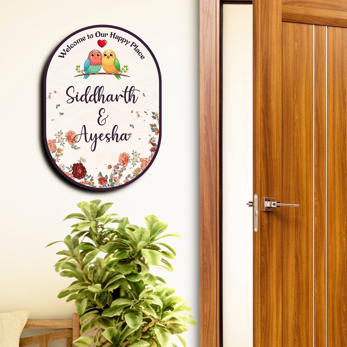 Home Name Plate Design – Oval Lovebird Couple Roses - Sblossom