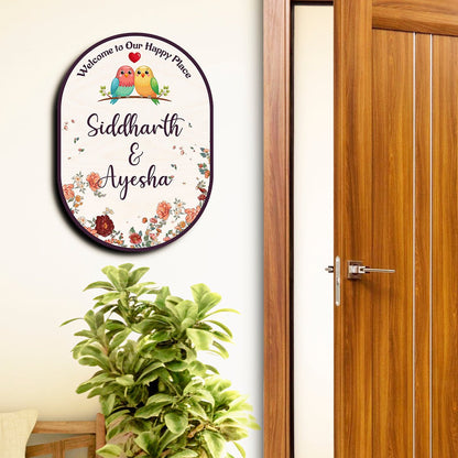 Home Name Plate Design – Oval Lovebird Couple Roses - Sblossom