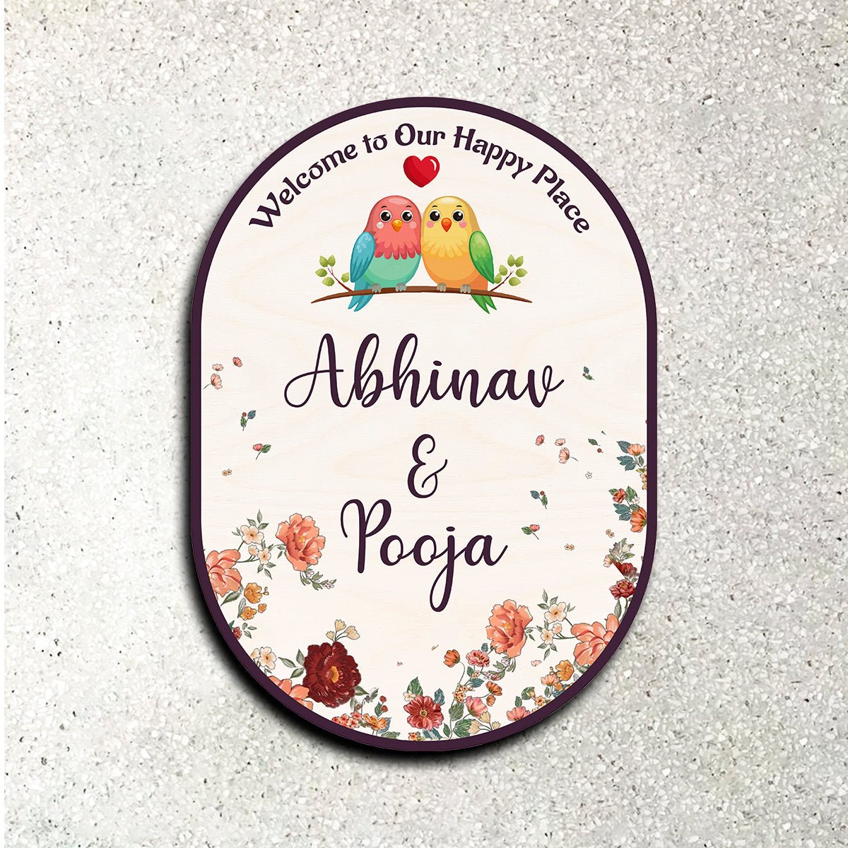 Home Name Plate Design – Oval Lovebird Couple Roses - Sblossom