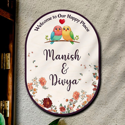 Home Name Plate Design – Oval Lovebird Couple Roses - Sblossom
