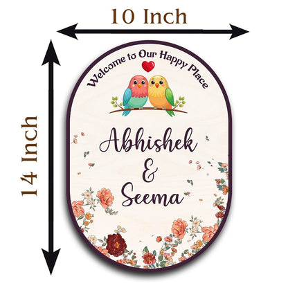 Home Name Plate Design – Oval Lovebird Couple Roses - Sblossom