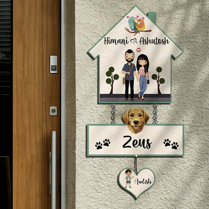 House Family Name Plate – Hanging Set with Pet & Kid - Sblossom