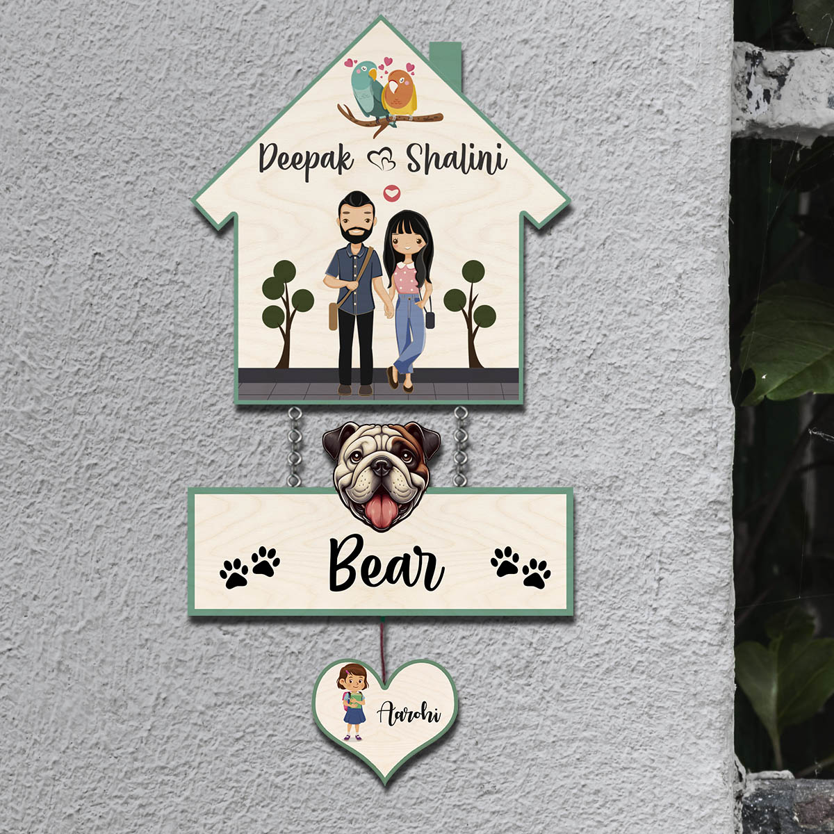 House Family Name Plate – Hanging Set with Pet & Kid - Sblossom