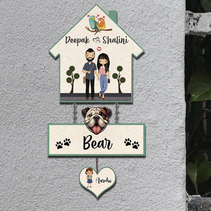 House Family Name Plate – Hanging Set with Pet & Kid - Sblossom