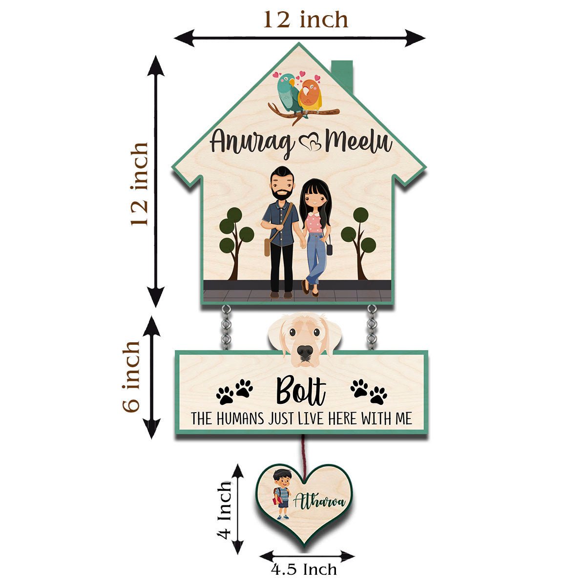 House Family Name Plate – Hanging Set with Pet & Kid - Sblossom