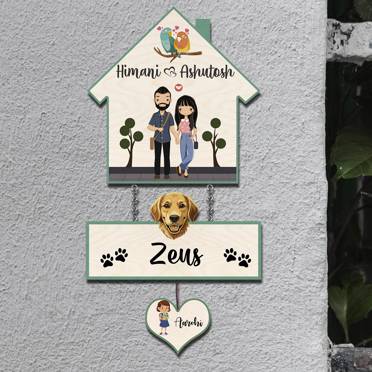 House Family Name Plate – Hanging Set with Pet & Kid - Sblossom
