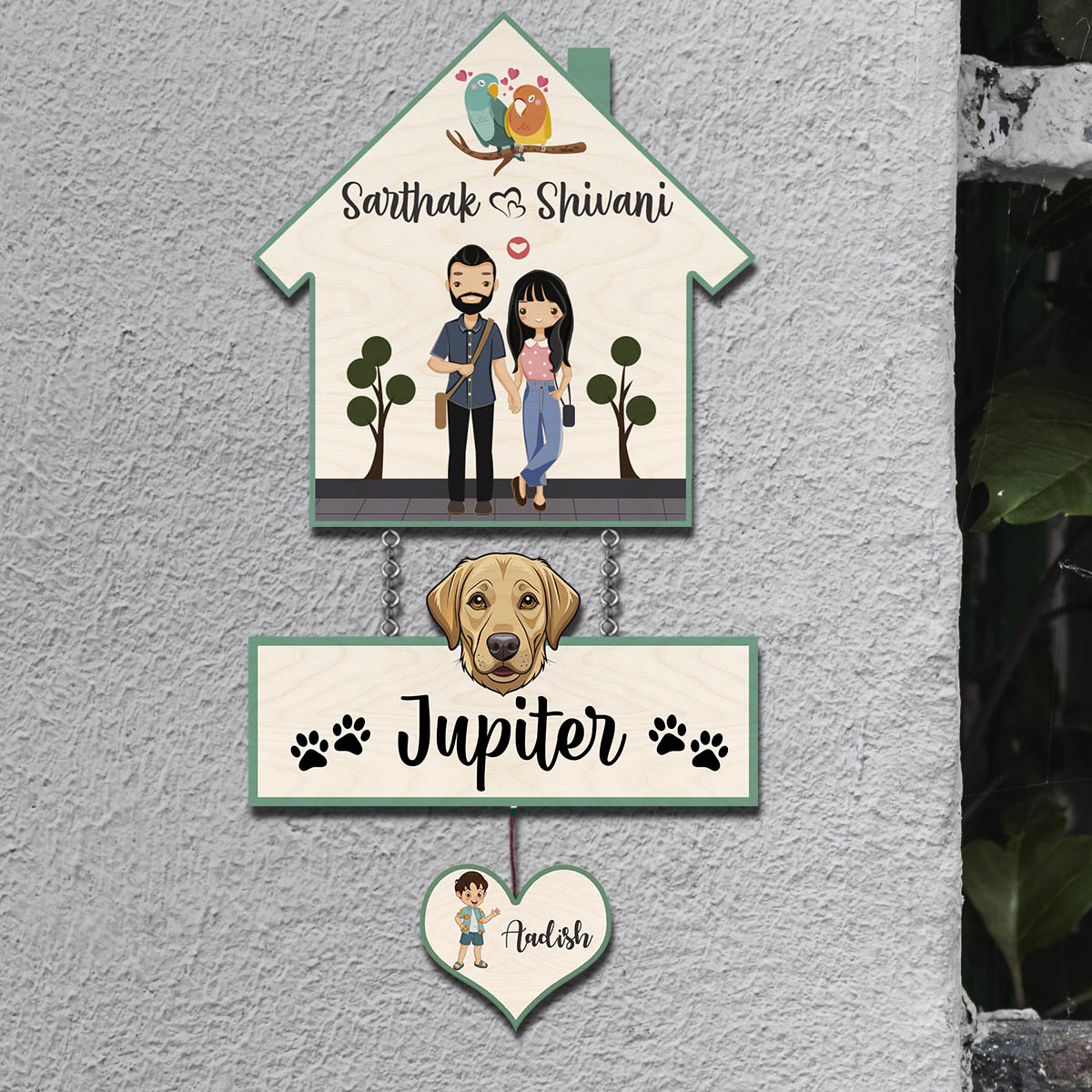 House Family Name Plate – Hanging Set with Pet & Kid - Sblossom