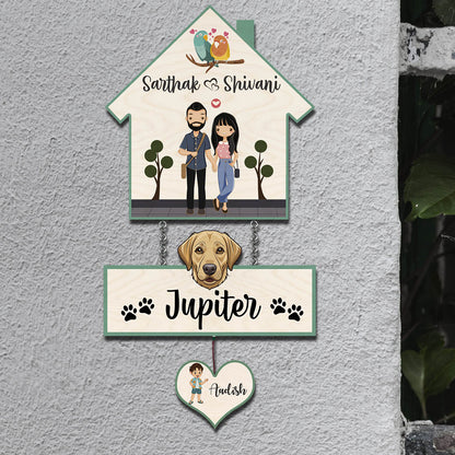 House Family Name Plate – Hanging Set with Pet & Kid - Sblossom