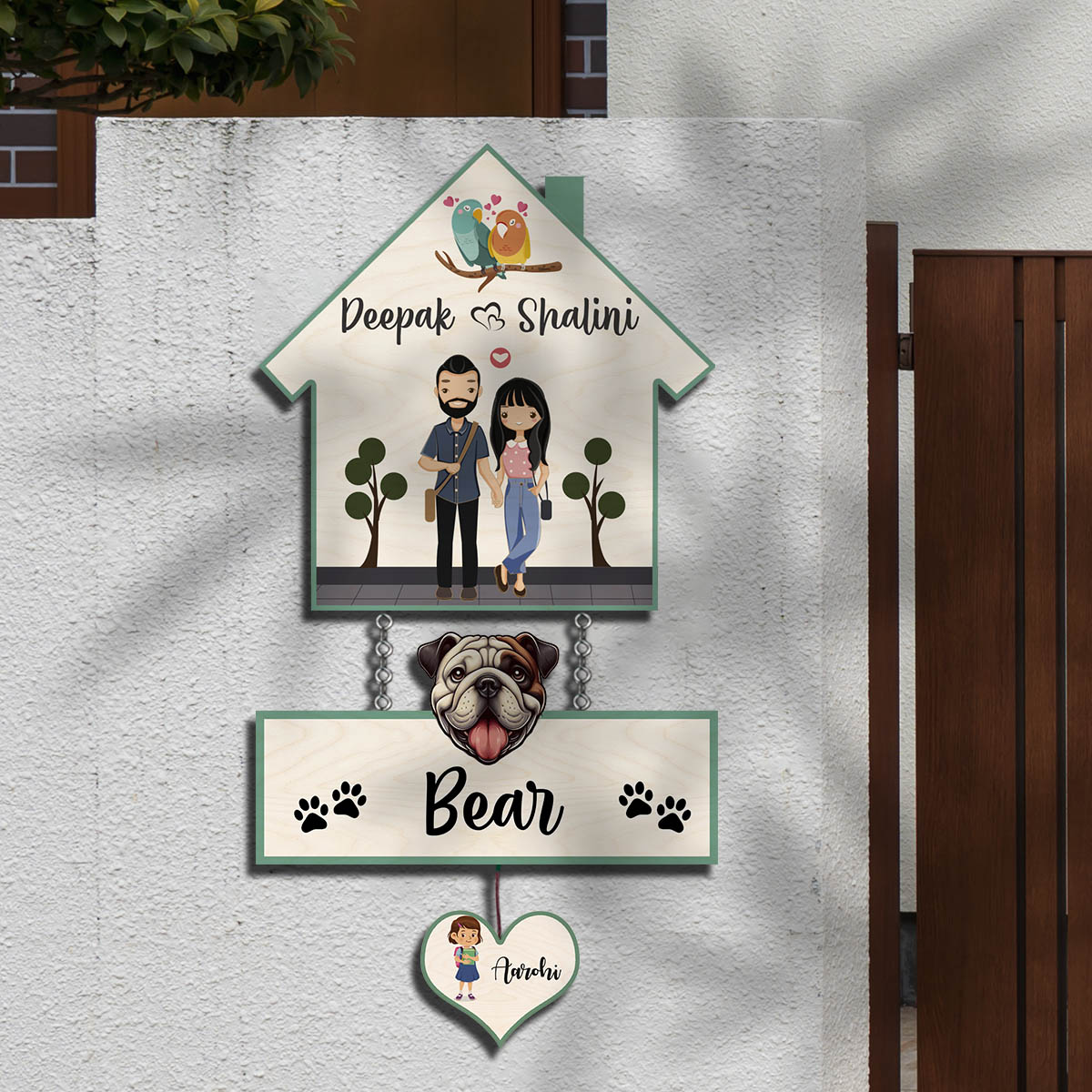 House Family Name Plate – Hanging Set with Pet & Kid - Sblossom