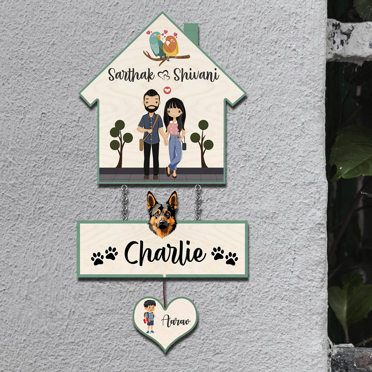 House Family Name Plate – Hanging Set with Pet & Kid - Sblossom