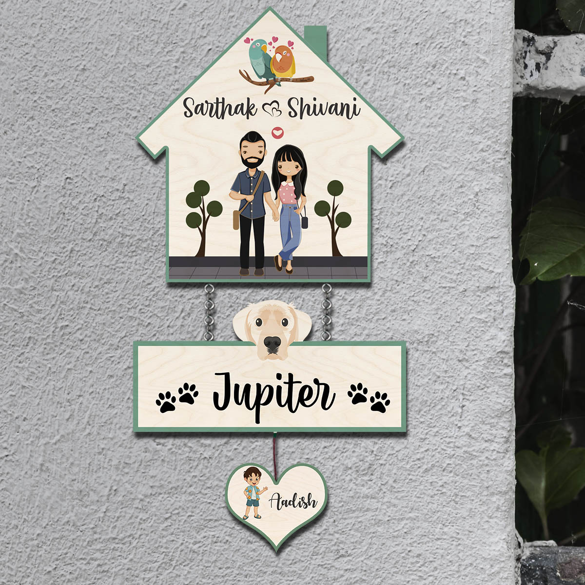 House Family Name Plate – Hanging Set with Pet & Kid - Sblossom
