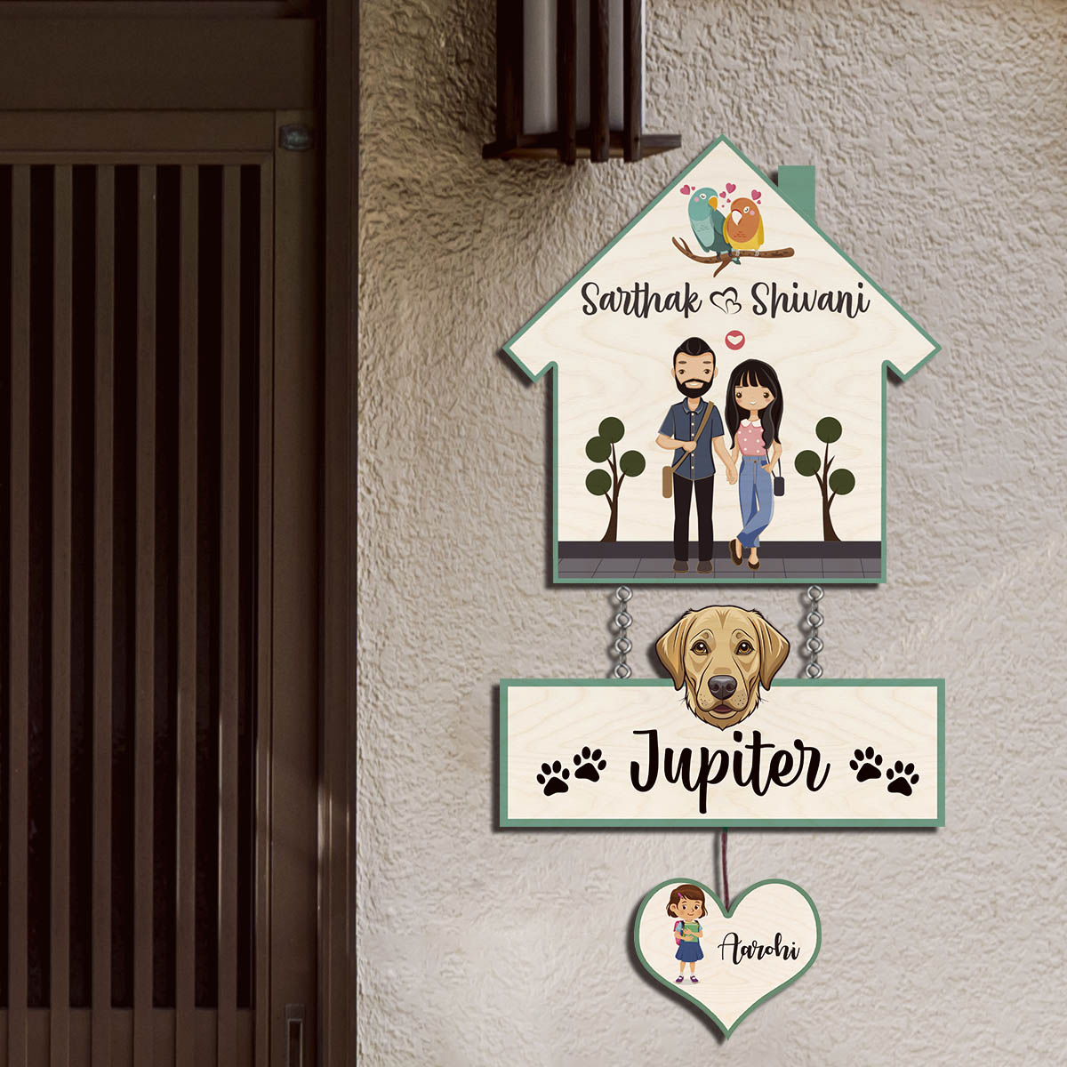 House Family Name Plate – Hanging Set with Pet & Kid - Sblossom