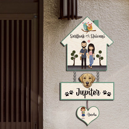 House Family Name Plate – Hanging Set with Pet & Kid - Sblossom