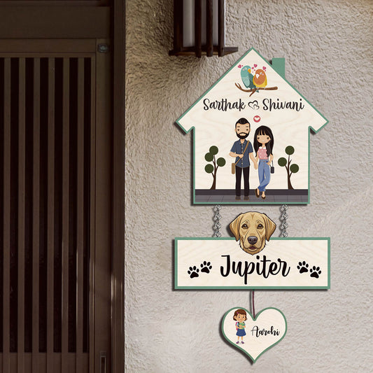 House Family Name Plate – Hanging Set with Pet & Kid - Sblossom