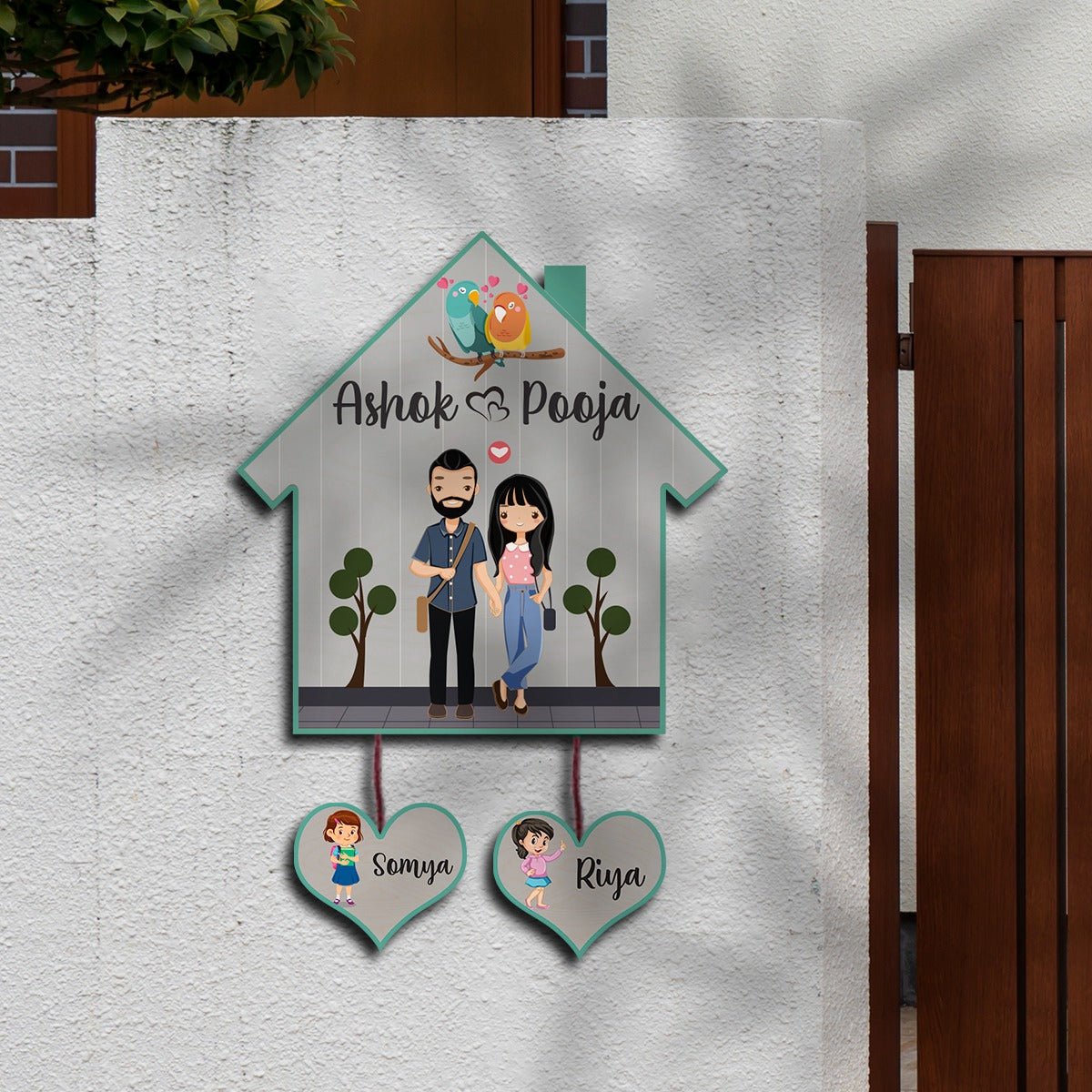 Hut Name Plate Design – Couple with Two Kids Tags - Sblossom