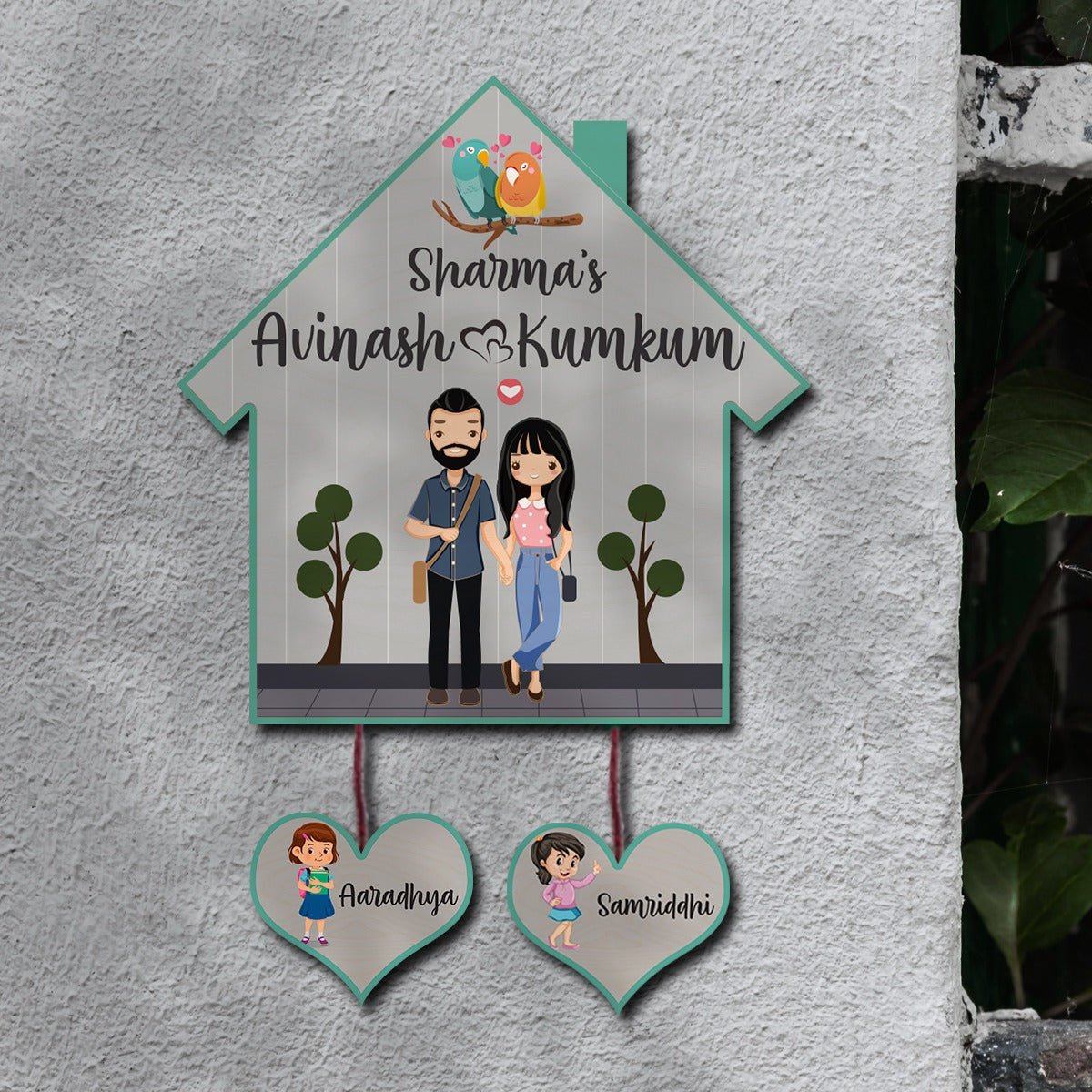 Hut Name Plate Design – Couple with Two Kids Tags - Sblossom