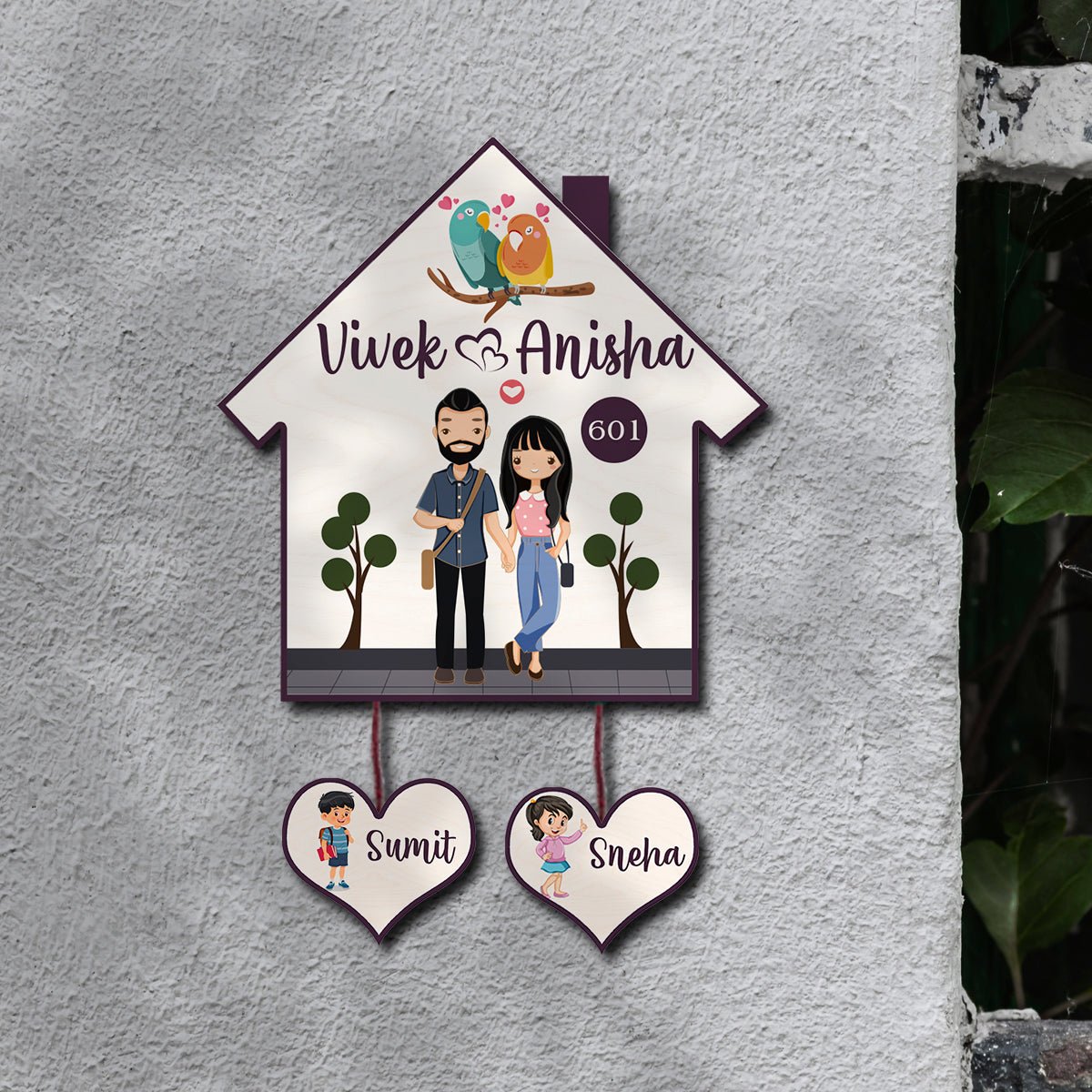 Hut Name Plate Design – Couple with Two Kids Tags - Sblossom