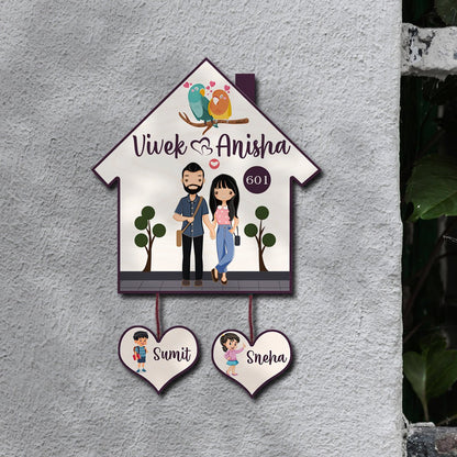 Hut Name Plate Design – Couple with Two Kids Tags - Sblossom