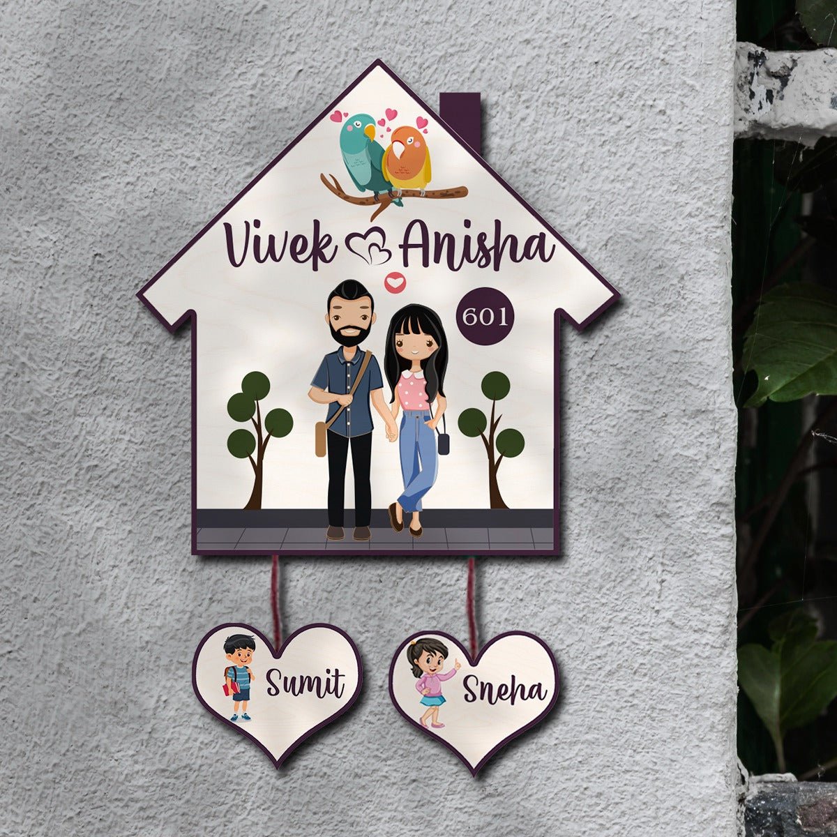 Hut Name Plate Design – Couple with Two Kids Tags - Sblossom
