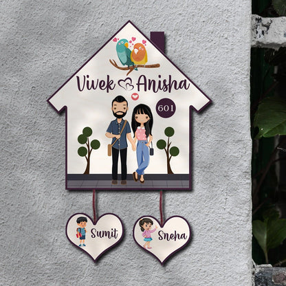 Hut Name Plate Design – Couple with Two Kids Tags - Sblossom