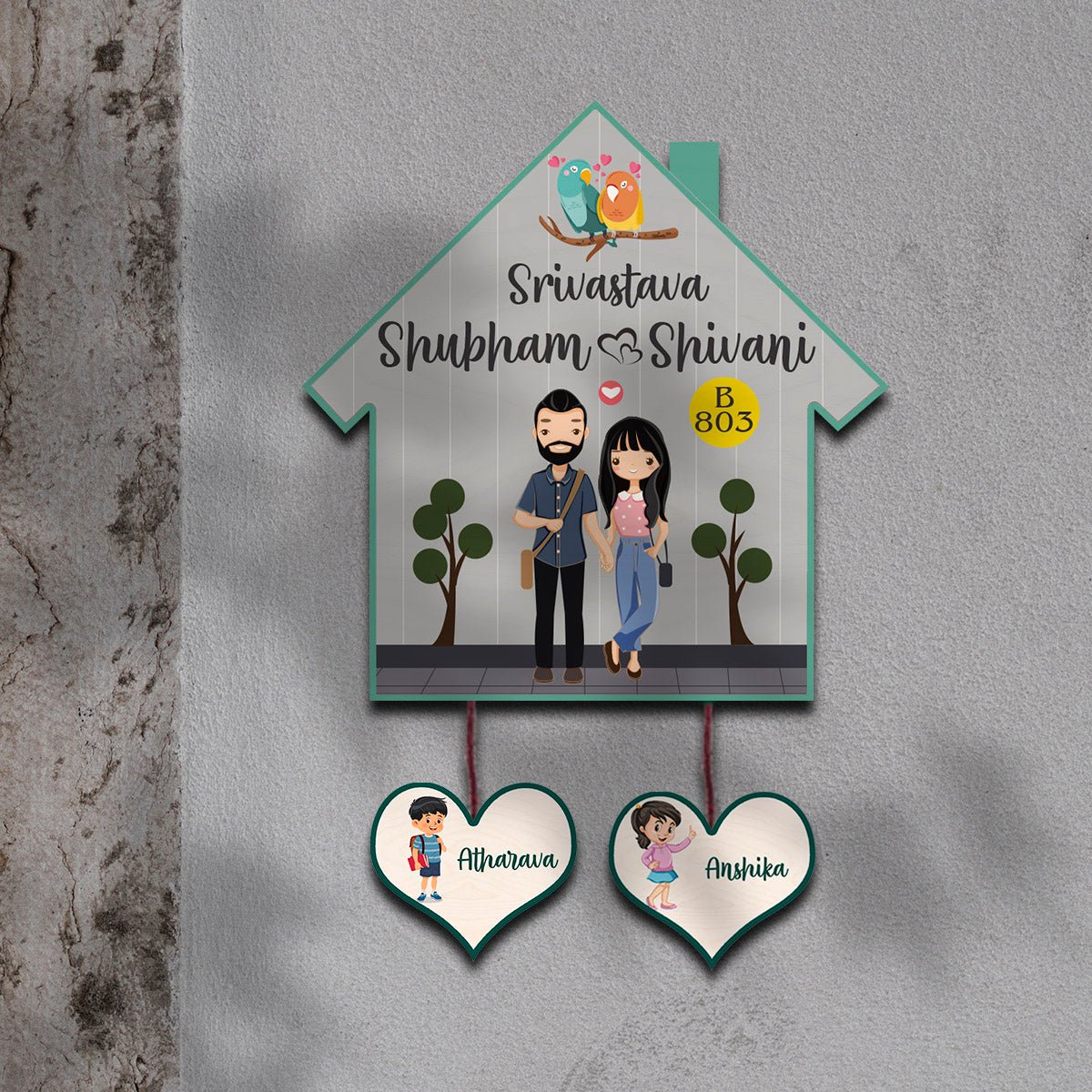 Hut Name Plate Design – Couple with Two Kids Tags - Sblossom