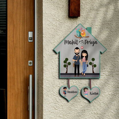 Hut Name Plate Design – Couple with Two Kids Tags - Sblossom