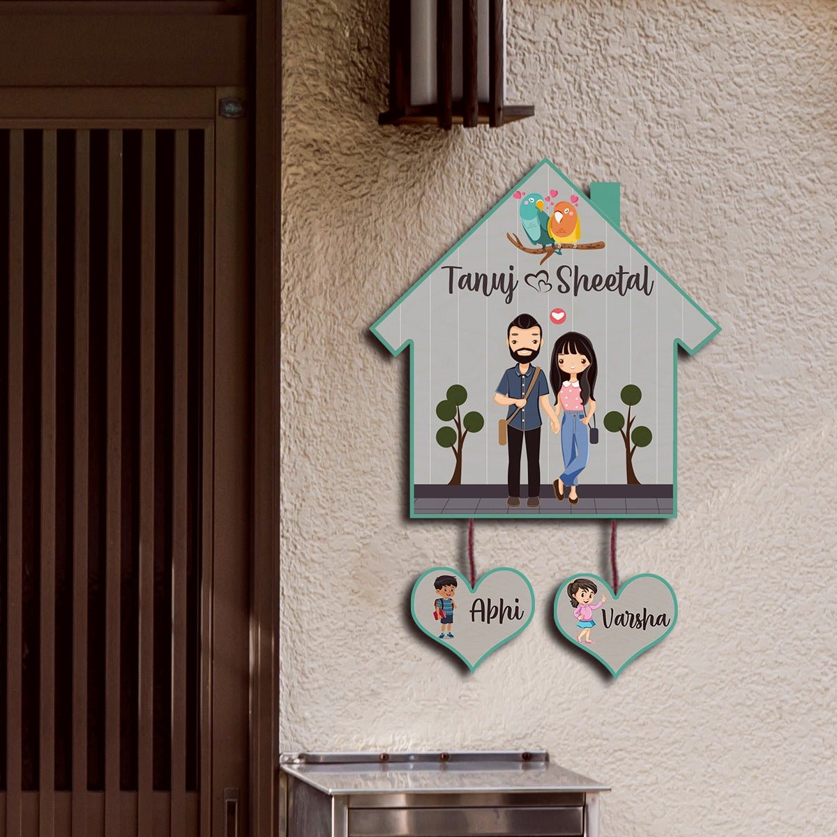 Hut Name Plate Design – Couple with Two Kids Tags - Sblossom