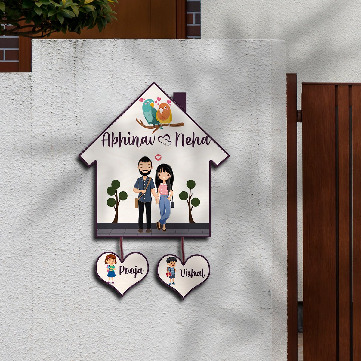 Hut Name Plate Design – Couple with Two Kids Tags - Sblossom
