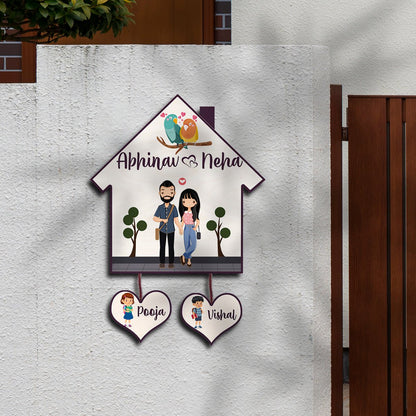 Hut Name Plate Design – Couple with Two Kids Tags - Sblossom