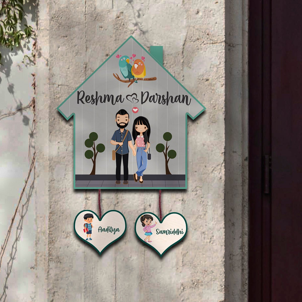 Hut Name Plate Design – Couple with Two Kids Tags - Sblossom