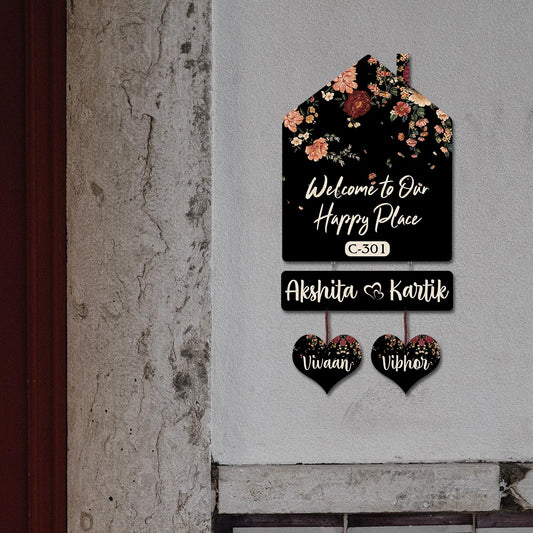 Hut-Shape Dark Floral Customised Name Plate for Home - Sblossom