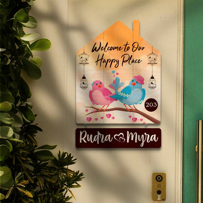 Hut-Style Design Love Birds Family Name Plate for Front Door - Sblossom